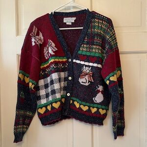 Colorful Charming Vintage Patchwork Cardigan Sweater cats and Scotty dog